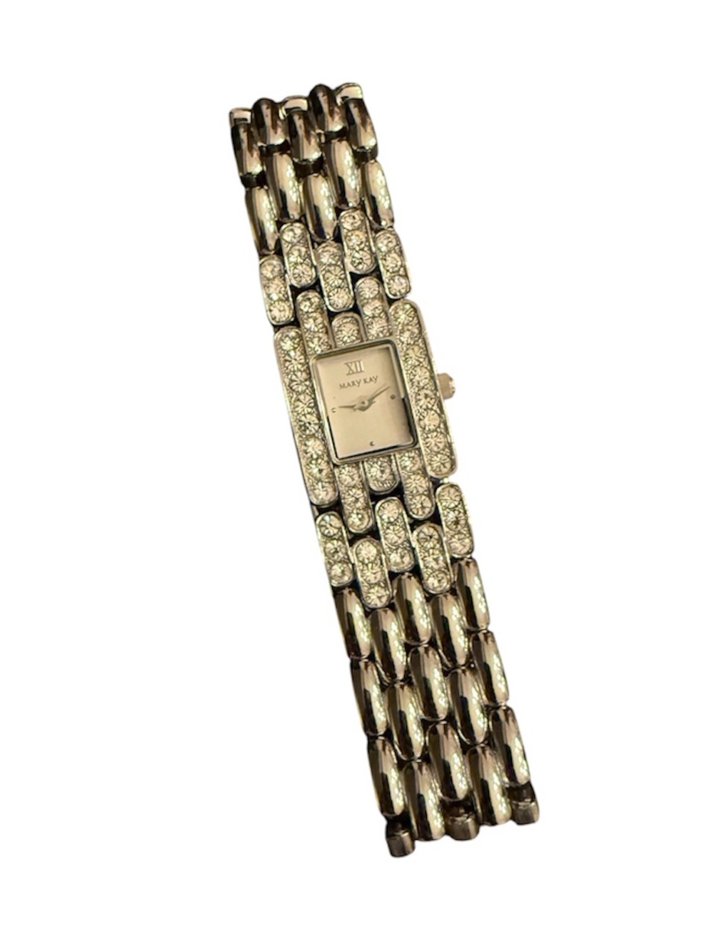 Mary Kay Silvertone Wristwatch Rectangular Art Deco Rhinestone Watch One Size